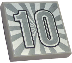 LEGO Medium Stone Gray Tile 2 x 2 with Silver Number "10" and Rays Around with Groove (3068)