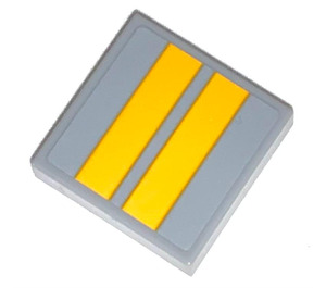 LEGO Medium Stone Gray Tile 2 x 2 with Two Yellow Stripes Sticker with Groove (3068)