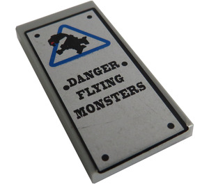 LEGO Medium Stone Gray Tile 2 x 4 with 'DANGER FLYING MONSTERS' Sticker (87079)