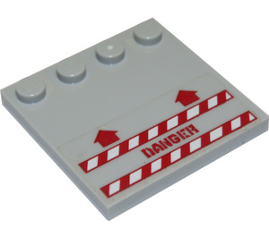 LEGO Medium steingrå Tile 4 x 4 med Knotter på Kant med 2 Arrows, 'DANGER' og Rød og Hvit Danger Striper Klistremerke (6179)