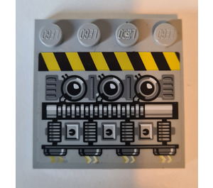 LEGO Medium steengrijs Tegel 4 x 4 met Noppen aan Rand met Motor en Zwart en Geel Danger Strepen (Model Links) Sticker (6179)