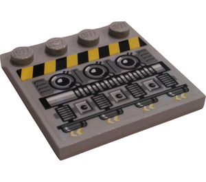 LEGO Medium Stone Gray Tile 4 x 4 with Studs on Edge with Engine and Black and Yellow Danger Stripes (Model Right) Sticker (6179)