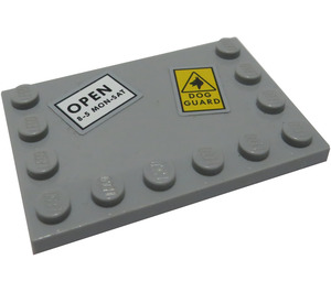 LEGO Medium Stone Gray Tile 4 x 6 with Studs on 3 Edges with 'OPEN 8-5 MON-SAT' and 'DOG GUARD' Sticker (6180)
