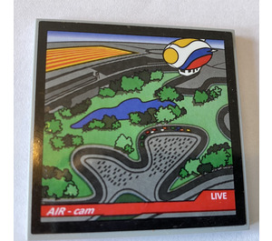 LEGO Medium Stone Gray Tile 6 x 6 with arial view of racetrack with blimp in view Sticker with Bottom Tubes (10202)