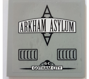 LEGO Medium Stone Gray Tile 6 x 6 with ARKHAM ASYLUM Pattern Model Right Side Sticker with Bottom Tubes (10202)