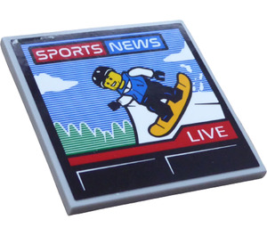 LEGO Medium Stone Gray Tile 6 x 6 with 'SPORT NEWS LIVE' and Snowboarder Sticker with Bottom Tubes (10202)