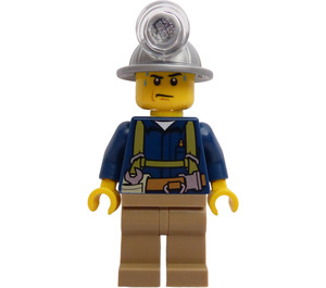 LEGO Miner with Mining Hat, Sweat Drops, Olive Green Suspenders, Tool Belt, and Dark Tan Pants Minifigure