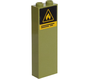 LEGO Olive Green Brick 1 x 2 x 5 with Yellow Flammable Danger Triangle Sticker with Stud Holder (2454)