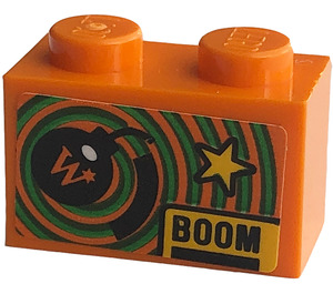 LEGO Orange Backstein 1 x 2 mit 'BOOM', Star, Bomb Aufkleber mit Unterrohr (3004)