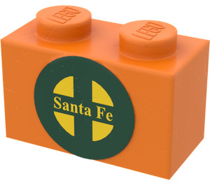 LEGO Orange Brick 1 x 2 with 'Santa Fe' and Dark Green Logo Sticker with Bottom Tube (3004)