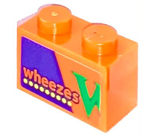 LEGO Orange Brick 1 x 2 with 'wheezes'  Sticker with Bottom Tube (3004)