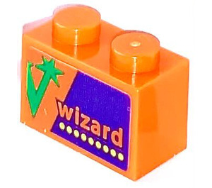 LEGO Orange Brick 1 x 2 with 'wizard' Sticker with Bottom Tube (3004)