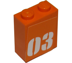 LEGO Orange Brick 1 x 2 x 2 with "03" Sticker with Inside Stud Holder (3245)