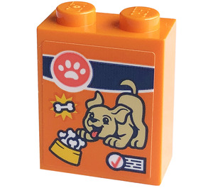 LEGO Oranje Steen 1 x 2 x 2 met Hond en een Bowl of Bone-shaped Croquettes Sticker met Stud houder aan de binnenzijde (3245)