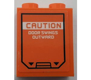 LEGO Orange Brick 1 x 2 x 2 with Door Hatch and 'CAUTION DOOR SWINGS OUTWARD' Sticker with Inside Stud Holder (3245)