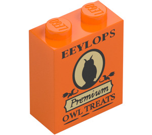 LEGO Orange Stein 1 x 2 x 2 mit ‘Eeylops Premium Eule Treats’ und Eule mit Noppenhalter innen (3245 / 107516)