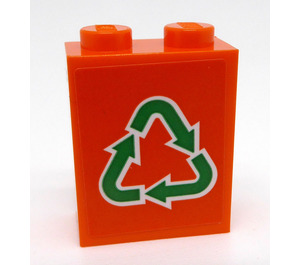 LEGO Orange Brick 1 x 2 x 2 with Green Recycling Logo Sticker with Inside Stud Holder (3245)