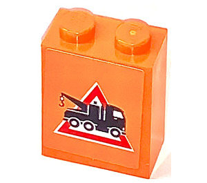 LEGO Orange Brick 1 x 2 x 2 with Tow Truck in Red Triangle (Right) Sticker with Inside Axle Holder (3245)