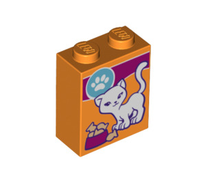 LEGO Orange Brick 1 x 2 x 2 with White Cat with Food Bowl and Paw Logo with Inside Stud Holder (3245 / 26636)