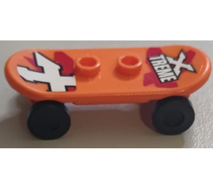 LEGO orange Skateboard Deck with White 'X TREME' and Letter X Pattern (Stickers) with Black Wheels