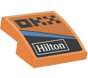 LEGO Orange Slope 2 x 2 Curved with ‘DKX’, ‘Hilton’ and Blue Stripe (Right) Sticker (15068)