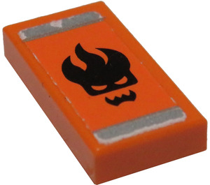 LEGO Orange Tile 1 x 2 with Black Flaming Skull Sticker with Groove (3069)