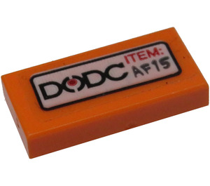 LEGO Orange Tile 1 x 2 with 'DODC' and 'ITEM: AF15' Sticker with Groove (3069)