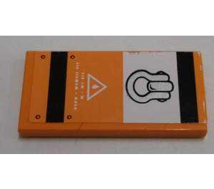 LEGO Orange Tile 2 x 4 with Black and White Stripes and Silver Hook Sticker (87079)