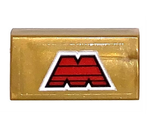 LEGO Pearl Gold Tile 1 x 2 with "M" logo Sticker with Groove (3069)