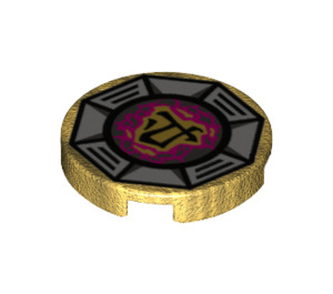 LEGO Pearl Gold Tile 2 x 2 Round with 'Airjitzu Earth' Symbol with Bottom Stud Holder (14769 / 21287)