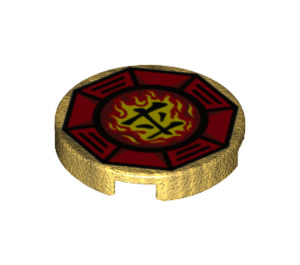 LEGO Pearl Gold Tile 2 x 2 Round with 'Airjitzu Fire' Symbol with Bottom Stud Holder (14769 / 21304)