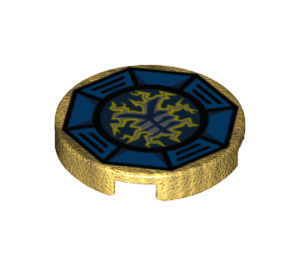 LEGO Parelmoer goud Tegel 2 x 2 Rond met Airjitzu Lightning Symbol in Blauw Octagon Patroon met noppenhouder aan de onderzijde (14769 / 21289)