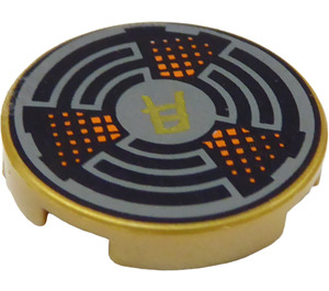 LEGO Pearl Gold Tile 2 x 2 Round with Asian Character, Circles, Orange Dots with Bottom Stud Holder (14769 / 36653)