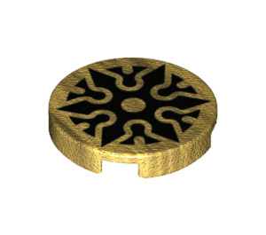 LEGO Pearl Gold Tile 2 x 2 Round with Black Shuriken Decoration with Bottom Stud Holder (14769 / 71216)