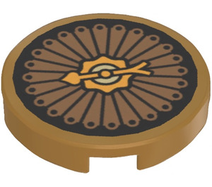 LEGO Pearl Gold Tile 2 x 2 Round with Decorative Spinner Sticker with Bottom Stud Holder