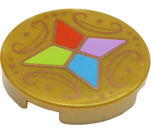 LEGO Pearl Gold Tile 2 x 2 Round with Four Crystals and Ornaments with Bottom Stud Holder (14769 / 36701)