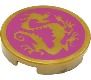 LEGO Pearl Gold Tile 2 x 2 Round with Golden dragon with Bottom Stud Holder (14769 / 37001)