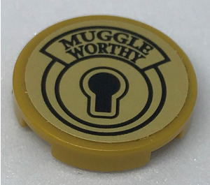 LEGO Perlgold Fliese 2 x 2 Runden mit "MUGGLE WORTHY" und Keyhole Aufkleber mit unterem Bolzenhalter (14769)