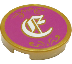 LEGO Pearl Gold Tile 2 x 2 Round with White Letter on Magenta with Bottom Stud Holder (14769 / 36928)