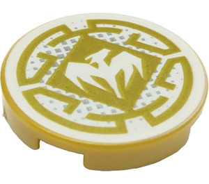 LEGO Pearl Gold Tile 2 x 2 Round with White Wu’s Dragon Emblem with Bottom Stud Holder (14769 / 39018)