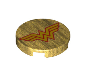 LEGO Pearl Gold Tile 2 x 2 Round with Wonder Woman Logo with Bottom Stud Holder (14769 / 29631)