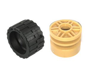 LEGO Pearl Gold Wheel Rim Ø18 x 14 with Pin Hole with Tire 24 x 14 Shallow Tread (Tread Small Hub) with Band around Center of Tread