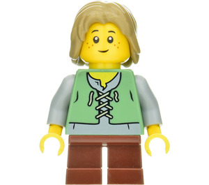 LEGO Peasant Child mit Dark Tan Haar Minifigur Sandgrüne Weste über einem grauen Unterhemd, kurze rotbraune Beine