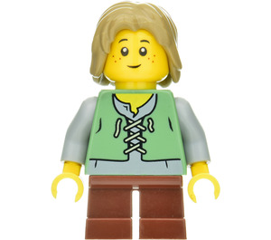 LEGO Peasant Dítě s Tmavě žlutohnědá Vlasy Minifigurka Pískově zelená vesta přes šedé spodní tričko, krátké červenohnědé nohy