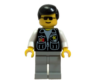 LEGO Police Officer with Black Shirt with Two Pockets and White Sleeves, Sheriff Badge, Light Gray Legs, Sunglasses, and Black Hair Minifigure