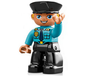 LEGO Policeman with Medium Azure Top, Black Hat and Yellow Hair Duplo Figure