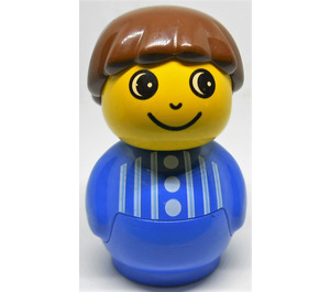 LEGO Primo Boy jossa Sininen Alusta, Sininen Yläosa jossa Pystysuora Valkoinen Raidat ja 3 Painikkeet, Ruskea Hiukset Primo-hahmo