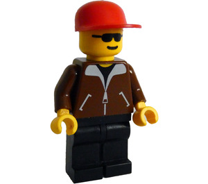 LEGO Railroad Yard Worker with Brown Coat, Black Legs, Sunglasses, and Red Cap Minifigure