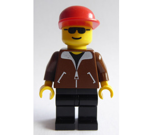 LEGO Railroad Yard Worker with Brown Coat, Black Legs, Sunglasses, and Red Cap Minifigure