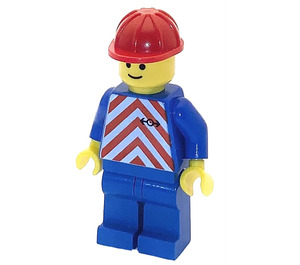LEGO Railway Worker with Red and White Chevron Vest, Blue Legs and Red Helmet Minifigure